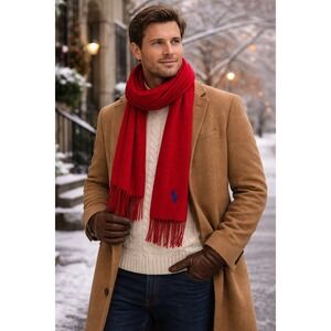 Vintage Polo Ralph Lauren Mens Quiet Luxury Lambswool Fringe Scarf Red Americana